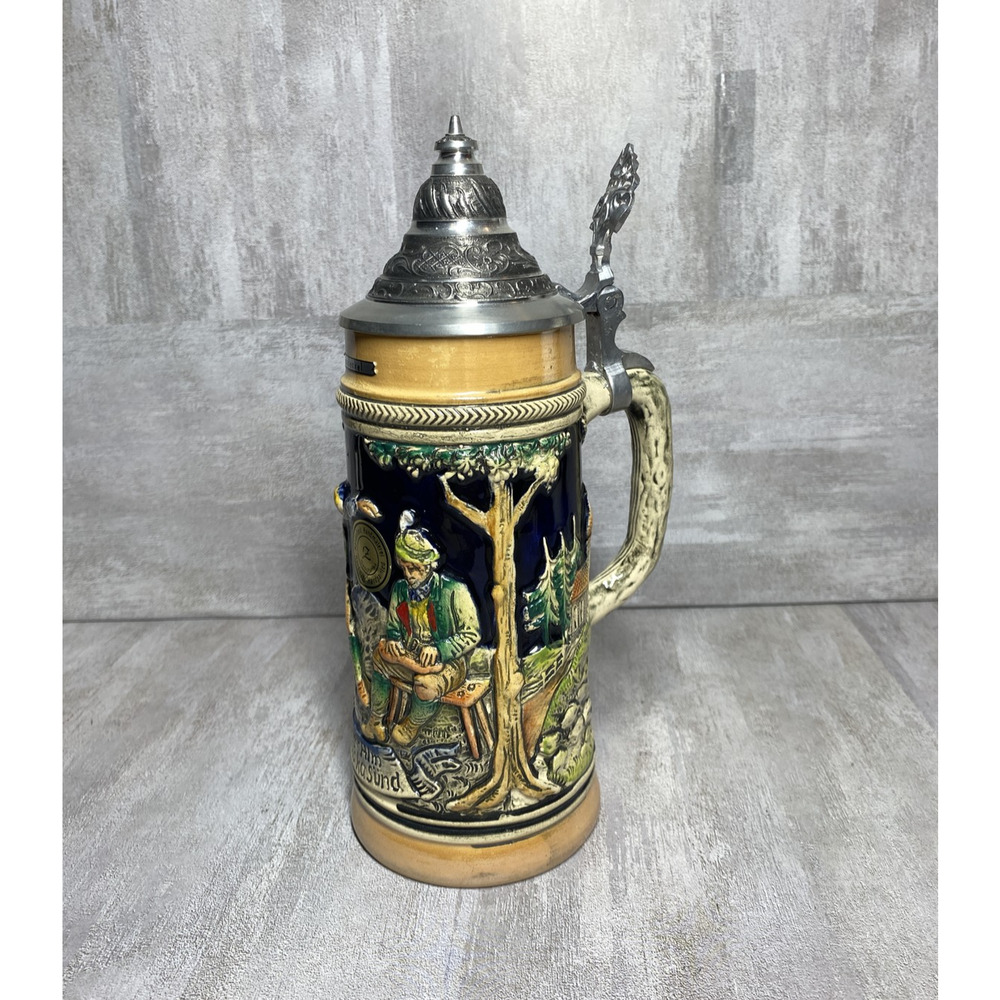Vintage German Beer Stein Pewter Lid Hand Painted Relief 10" Tall Mug Zinnedecke